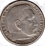 Jager 0367 - 5 Reichsmark 1937 D Hindenburg Swastika Silver Coin