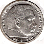 Jager 0367 - 5 Reichsmark 1938 D Hindenburg Swastika Silver Coin