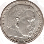 Jager 0367 - 5 Reichsmark 1938 F Hindenburg Swastika Silver Coin