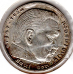 Jager 0367 - 5 Reichsmark 1938 G Hindenburg Swastika Silver Coin