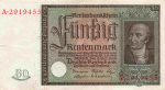 50 Rentenmark Rentenbankschein Freiher vom Stein 6. 7 1934 fast Bankfrisch
