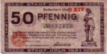 Cologne city emergency money value 50 Pfennig J. v. Worth 1921