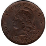 Argentinien 2 Centavos 1889 Kupfermünze