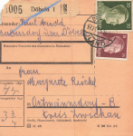 Berbersdorf post office stamp on package card stem part with sticker Döbeln, o November 15, 1943