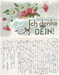 Blumen mit Brieftaube "Ich denke Dein" Künstlerkarte gebr. ca. 1920