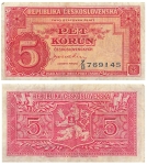 Ceskoslovenskych 10 Desat Korun 1945 BanknoteCeskoslovenskych 5 Pet Korun 1945 Banknote 