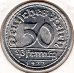 50 Pfennig 1922 D ​​Weimar Republic