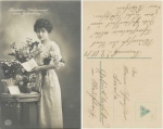 Lady with flowers birthday series card 8812/3 used. 1919