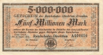 Dresden Reichbahn Directorate Five million mark voucher August 21, 1923 emergency money