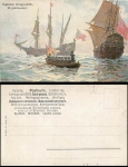 Englische Kriegschiffe 16.Jahrhundert Künstlerkarte sig. Alexander Kircher * ca.1900