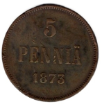 Finland 5 Pennia 1875 Alexander II of Russia