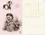 Frau mit Brief und Rosen Neujahrskarte * ca. 1930