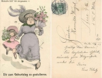 Frau mit Longrette und Blumenstrauss Geburtstagskarte 13.2.1915