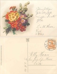Frühlingsblumenstrauß mit Weidenkätzchen Künstlerkarte M&B 2271 o 3.6.1917