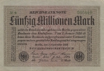 Fünfzig Million Mark Reichsbanknote 1. September 1923 RO108b DEU-122b WZ: Kreuzblüten Rosenberg 108b DEU 122b