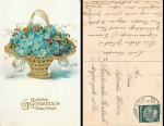 Birthday gold cut lithograph flower basket o 29.5.33 (card is from around 1910)