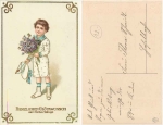 Child with a bouquet of flowers and an envelope Gold edging card used. around 1915
