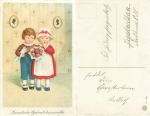 Children with a bouquet of flowers Birthday card ca.1920