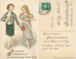 Junge mit Blumen Mädchen mit Fächer Künstlerkarte o 12.2.1927