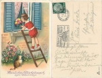 Kind auf Leiter mit Katze Glückwunschkarte o 7.5.1936