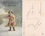 girl with bouquet of flowers birthday card 1919