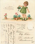 Girl with watering can birthday card o ca. 1930