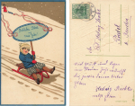 Child with toboggan New Year's artist card o 1915