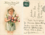 Child with a bouquet of tulips and lilacs Artist card Erika 3007 Birthday card o 1.11.1930
