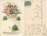 Children with flowers gold edging birthday card o 3.1.1914