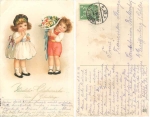 Kinder mit Blumenstrauß Geburtstagskarte o 6.6.1926
