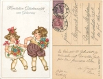 Girl with bouquets of flowers Birthday card o 25.6.1922