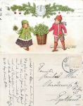 Children boy and girl basket with lucky clover leaves clock, o approx. 1915