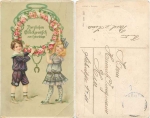 Kinder mit Rosenkranz Hufeisen Geburtstags Litho o ca. 1910