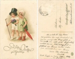 Children with walking stick and umbrella birthday card from around 1920