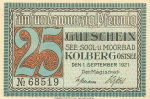 Kolberg Ostsee Pommern Kolobrzeg Notgeldschein 1921