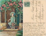 Mädchen mit Rosen und Schirm Goldschnittkarte o 1915