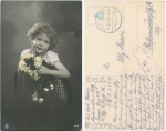 Girl with flowers field post stamp telephone train 817 o 2.8.1917