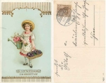 Girl with a basket of flowers and a watering can Gold edging birthday card o 4.6.1914
