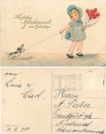 Mädchen mit Hund und Tulpenstrauß gebr. 2.2.1930