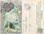 Daisies glued shiny flowers Art Nouveau card o 7.8.1902