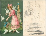 Tauben mit Mädchen Goldschnittkarte o 9.4.1910