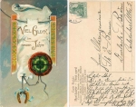 Neujahr Goldschnittkarte mit Hufeisen gebr. um 1905