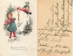 New Year children with clock greeting card gebr. 1920