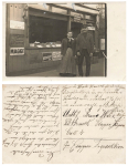 Fruit and green goods and potato shop Aloisia Thiemt sales stand with advertising signs. Real photo around 1916