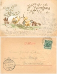 Ostern, schlüpfende Küken Maiglöckchen Goldschnittprägekarte o 14.04.1900