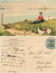 Ostern Frau mit Hühnern Prägekarte o 9.4.1909