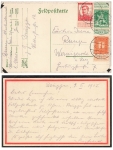 Patriotika card with Belgian franking and stamp KD field post office of the Marine Corps o10.3.1915