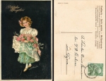 Pentecost girl with flowers gold cut lithograph o 24.5.1909