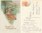 Pentecost girl with basket of flowers gold-edged card o May 25, 1917