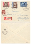 Postal congress with imprint Michel 823-825 on R-letter special cancellation Stamp Day January 10, 1943
